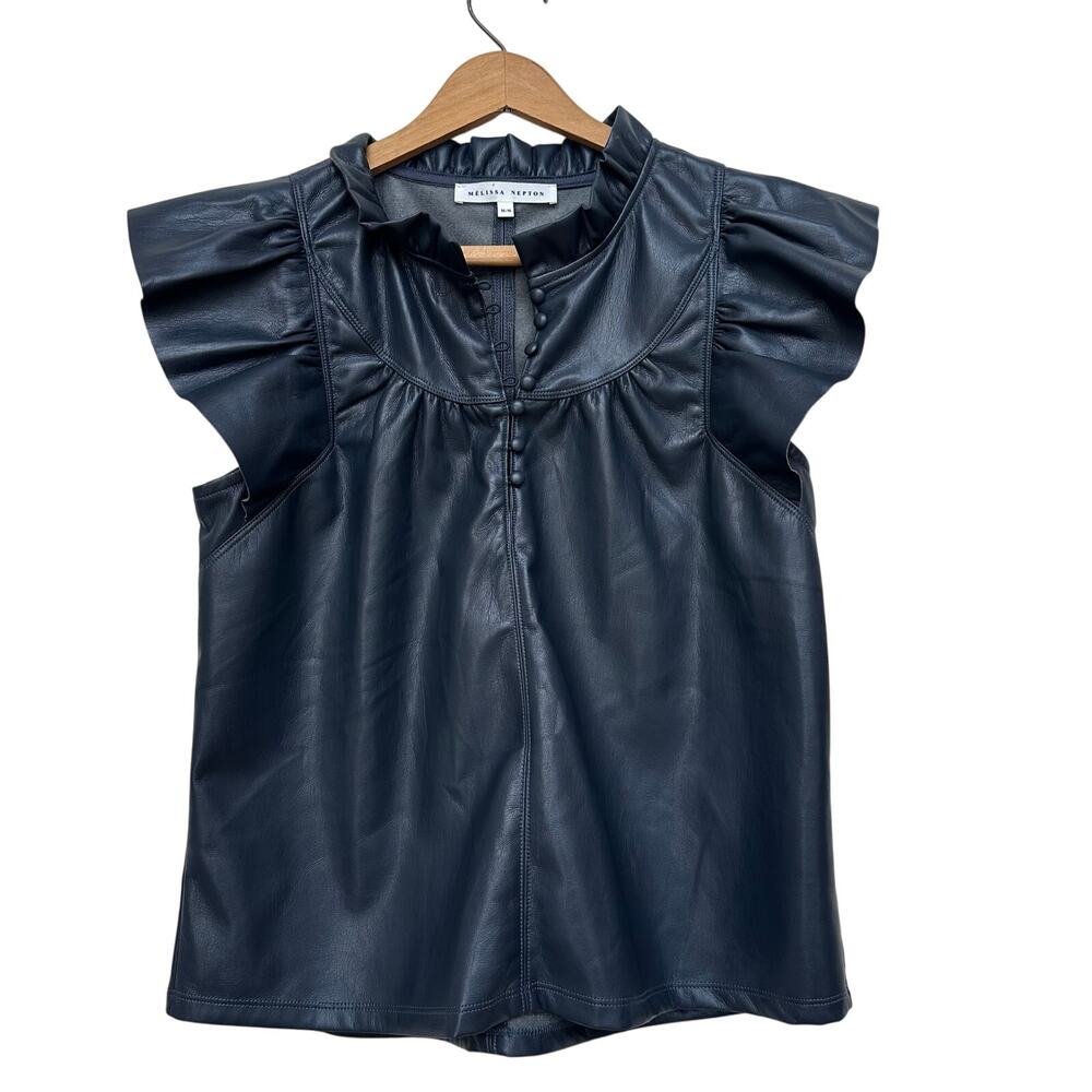 MELISSA NEPTON Navy Faux Leather Ruffled Sleeve Blouse